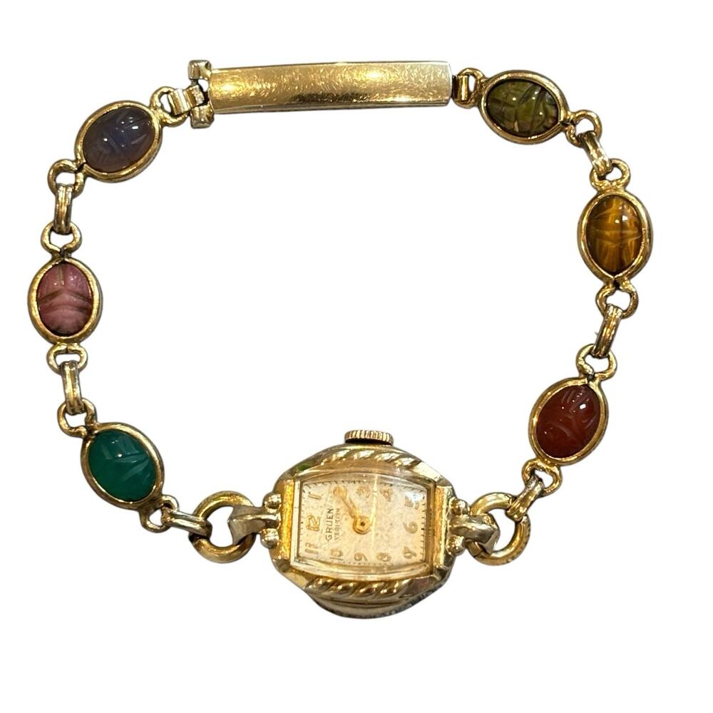 Vintage Gruen Veri Thin With Van Dell Scarab Bracelet 12K Gold Filled ~6.75"